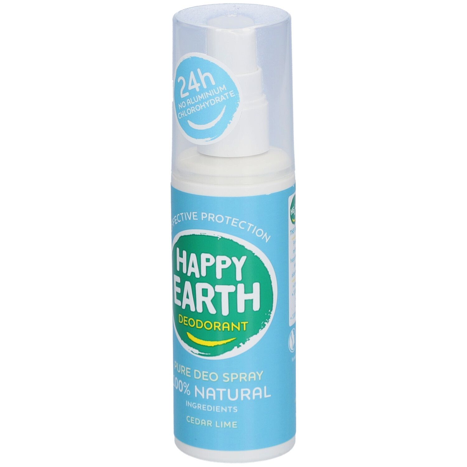 Deodorant-Spray von Happy Earth. Blau-weiße Flasche mit Sprühkopf. Text: 24h, kein Aluminiumchlorhydrat.
