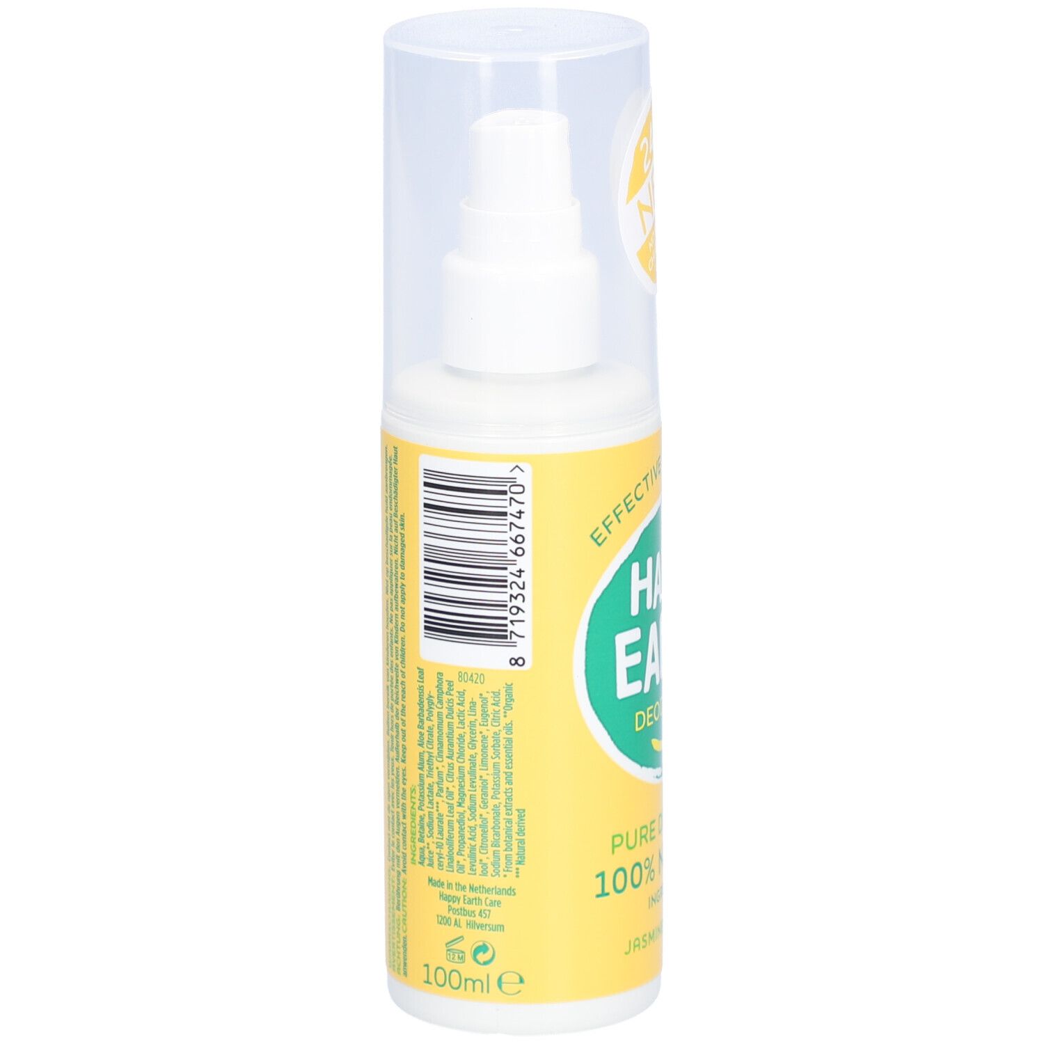 Dos de la bouteille de spray déodorant. Fond jaune avec texte et informations.