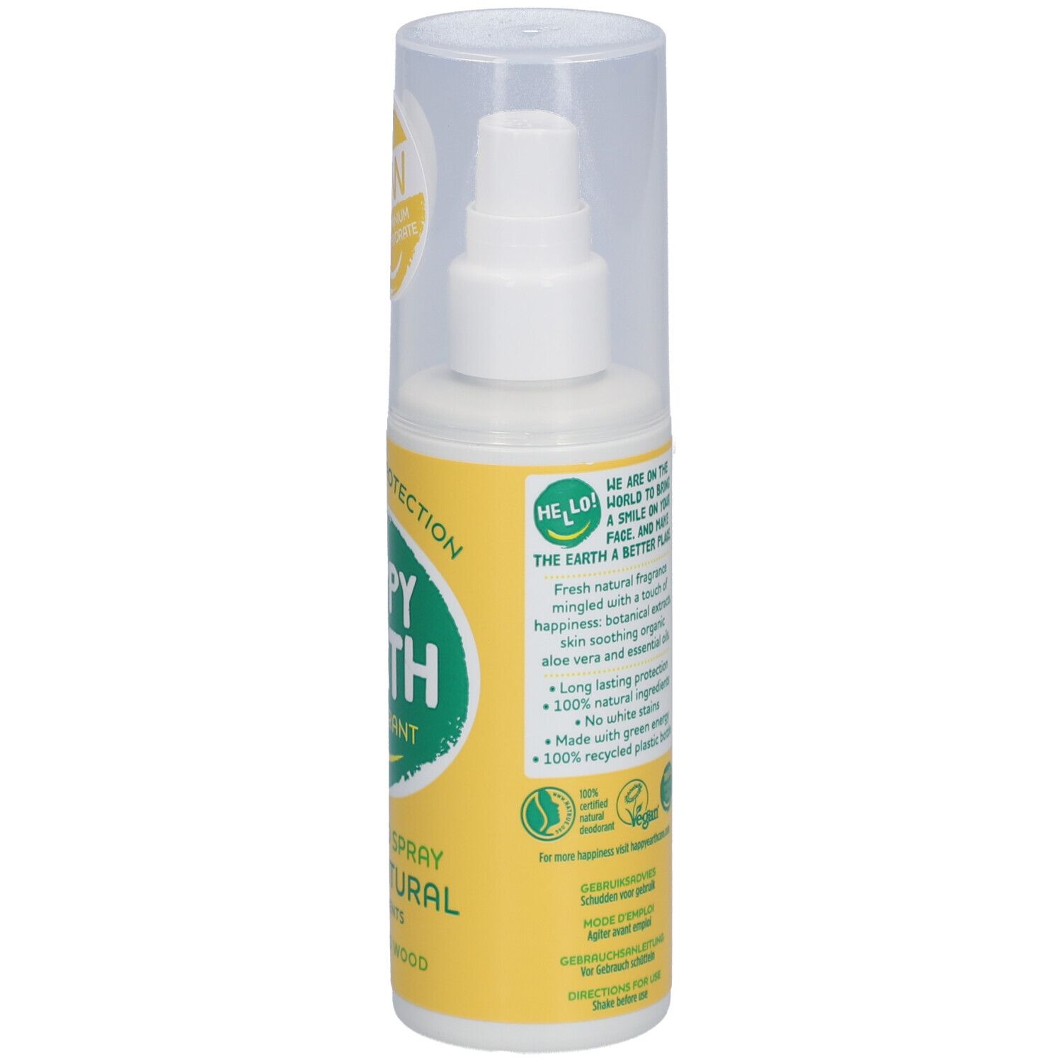 Dos de la bouteille de spray déodorant. Fond jaune avec texte et informations.