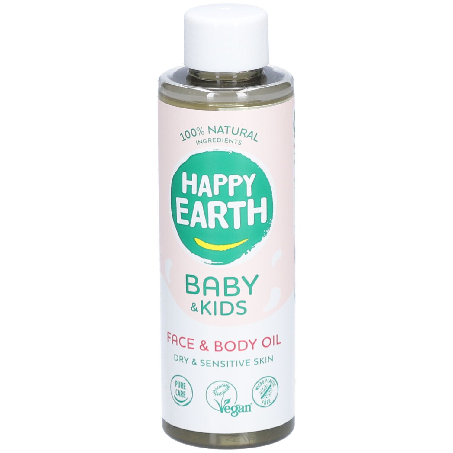 Gesichts- und Körperöl für Babys und Kinder. Flasche mit weißem Deckel. Aufschrift: Happy Earth, Baby & Kids, Face & Body Oil.