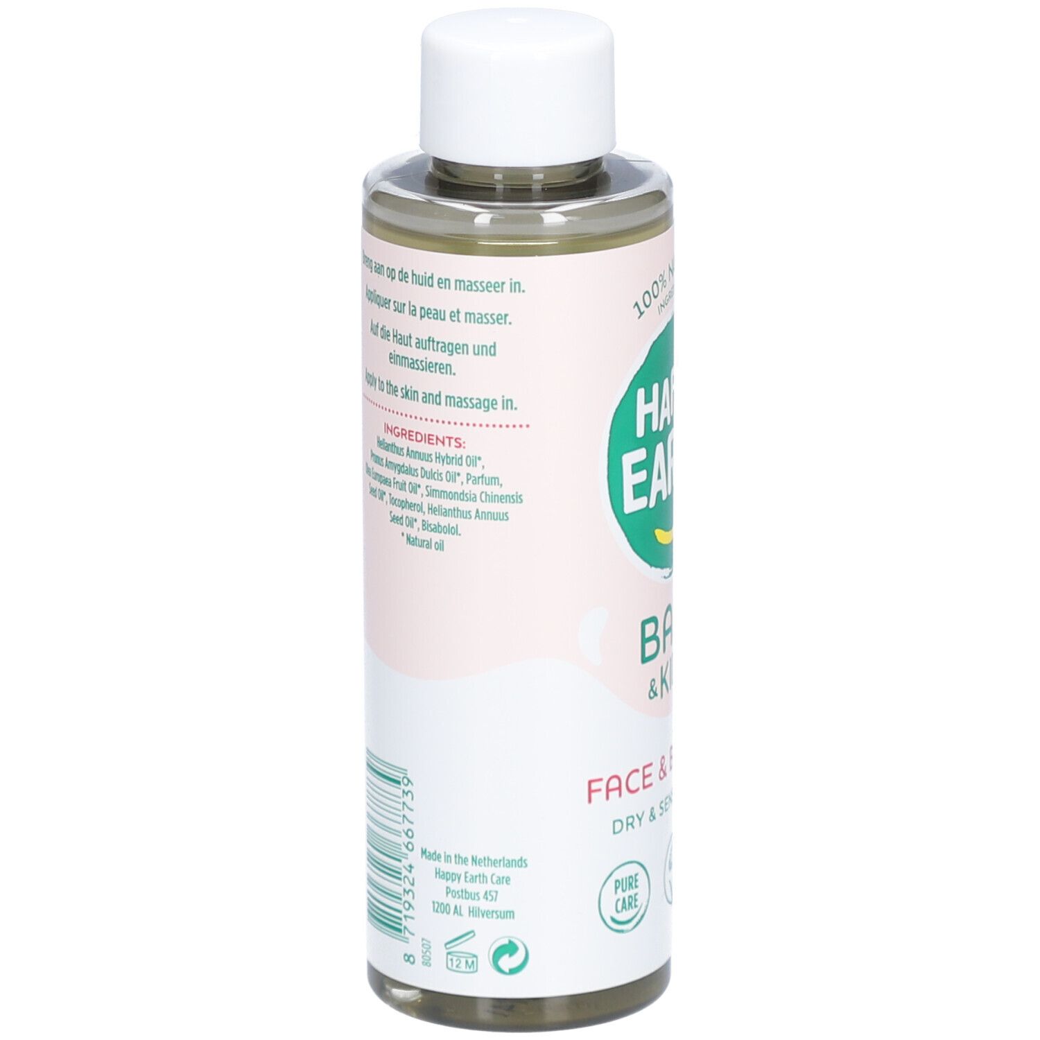 Rückseite der Ölflasche. Text: Happy Earth, Baby & Kids, Face & Body Oil. Inhaltsstoffe, Anwendungshinweise, QR-Code.
