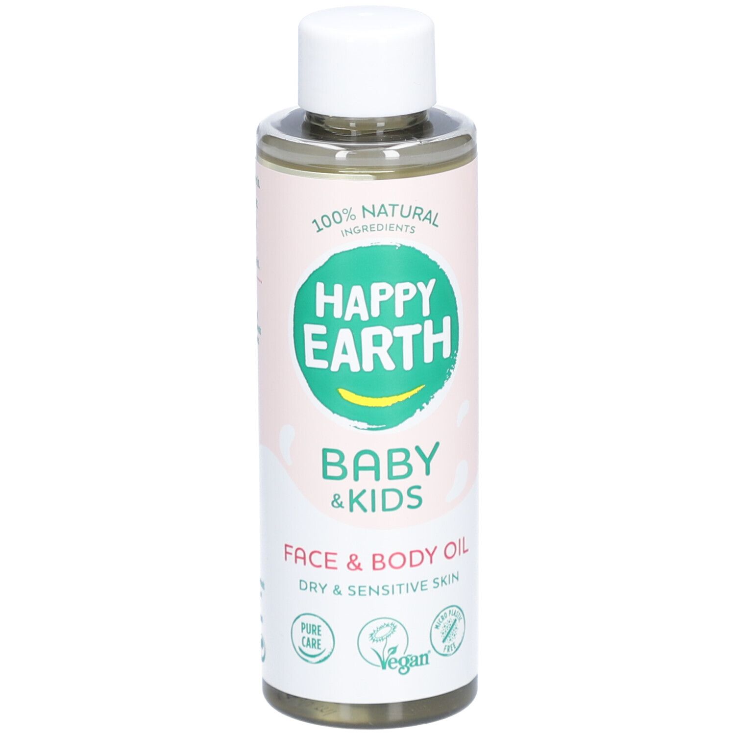 Gesichts- und Körperöl für Babys und Kinder. Flasche mit weißem Deckel. Aufschrift: Happy Earth, Baby & Kids, Face & Body Oil.