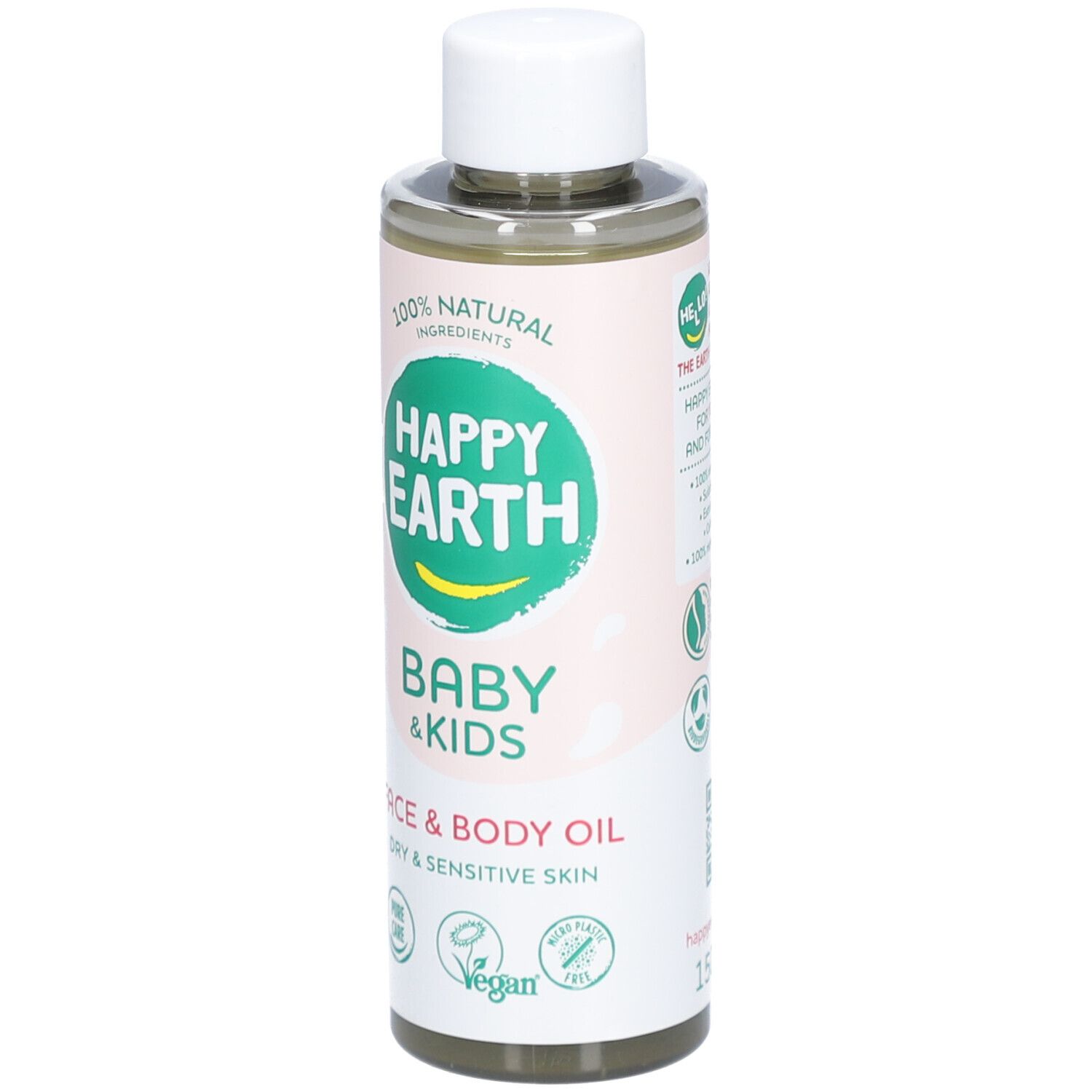 Gesichts- und Körperöl für Babys und Kinder. Flasche mit weißem Deckel. Aufschrift: Happy Earth, Baby & Kids, Face & Body Oil.