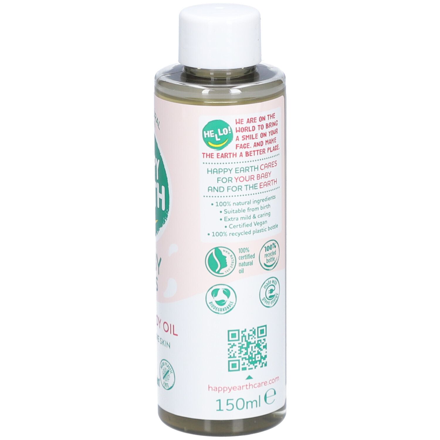 Gesichts- und Körperöl für Babys und Kinder. Flasche mit weißem Deckel. Aufschrift: Happy Earth, Baby & Kids, Face & Body Oil. 150ml.