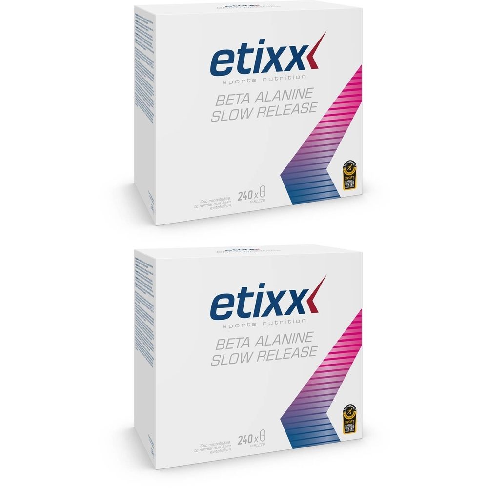 Deux boîtes blanches avec logo Etixx et texte Beta Alanine Slow Release. Inscription 240. Sceau de qualité doré.