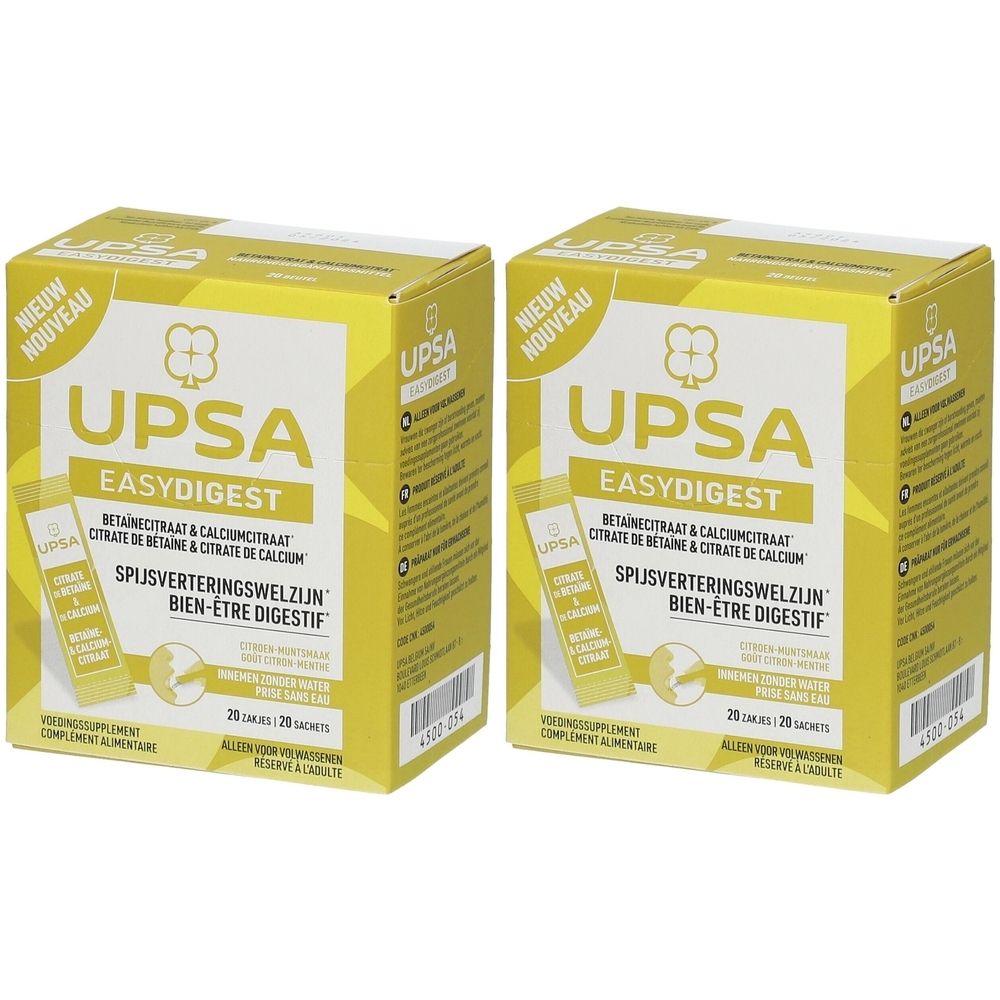 Deux boîtes jaunes UPSA EasyDigest. Informations et logos du produit sont imprimés sur les boîtes.