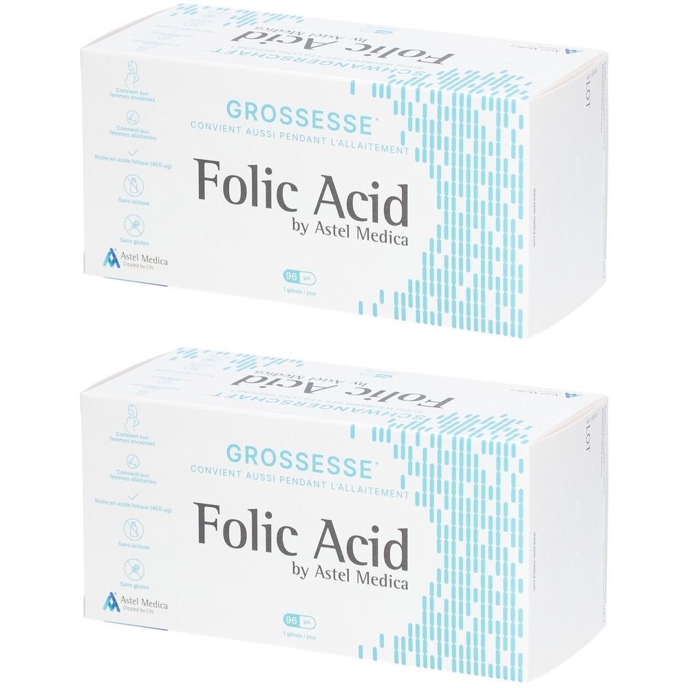 Deux boîtes blanches avec "Folic Acid by Astel Medica". Texte : "GROSSESSE CONVIENT AUSSI PENDANT L'ALLAITEMENT".