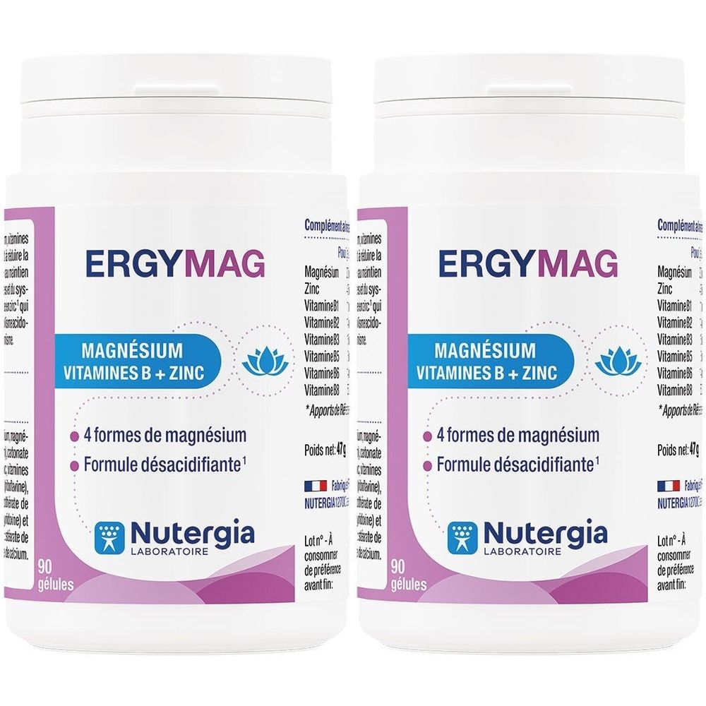 Deux flacons blancs. Étiquette: ERGYMAG, Magnésium, Vitamines B + Zinc. 90 gélules. Marque: Nutergia.
