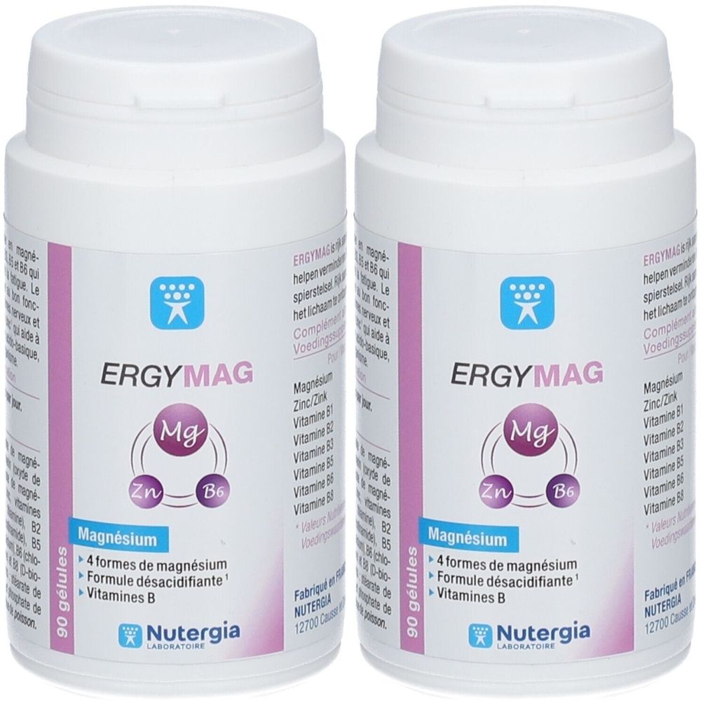 Deux flacons blancs. Étiquette: ERGYMAG, Mg, Zn, B6. 90 gélules. Marque: Nutergia.
