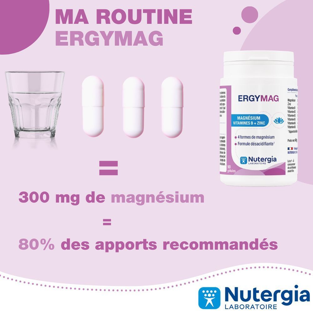 Nutergia Ergymag : 4 sources de magnésium : Citrate, Carbonate, Bisglycinate, Magnésium marin.
