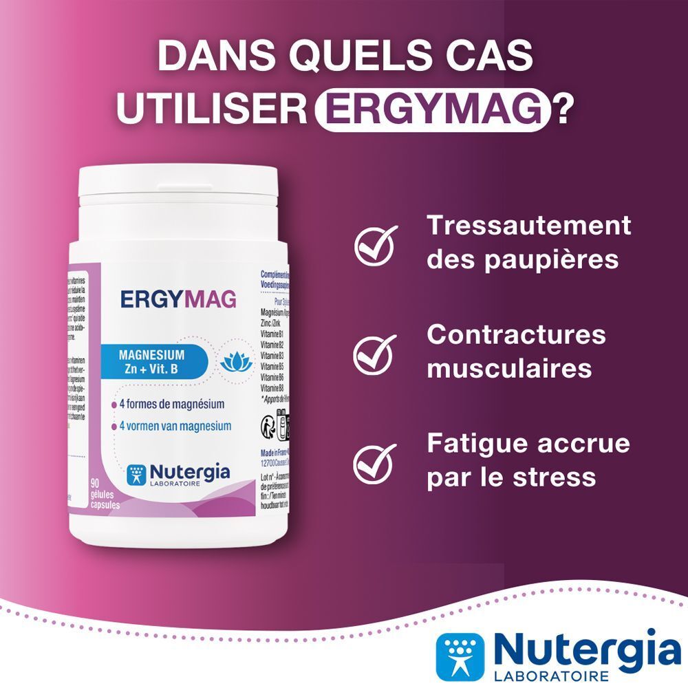 Nutergia Ergymag : Verre d'eau, 3 gélules, 300 mg de magnésium, 80% des apports recommandés.