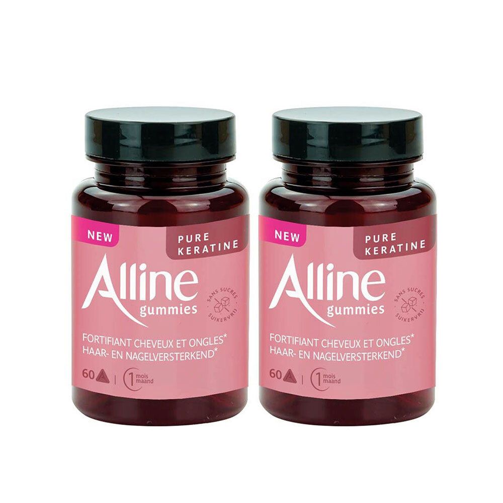 Deux flacons de Alline Gummies. Étiquette rose avec texte blanc. Bouchon noir. Inscription : Pure Keratin, fortifiant cheveux et ongles.
