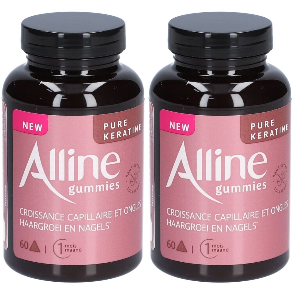Zwei Flaschen Alline Gummies. Rosa Etikett mit weißer Schrift. Schwarzer Deckel. Aufschrift: Pure Keratin, Haarwuchs.