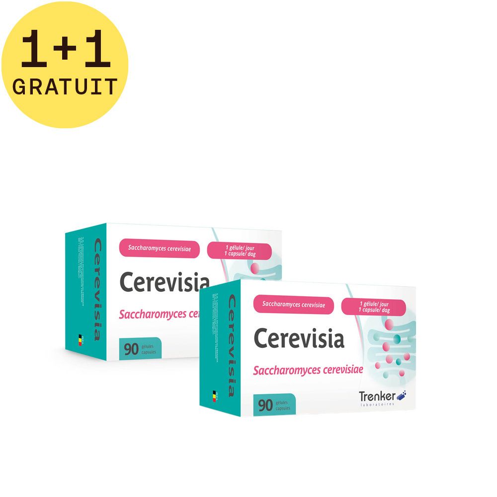 Deux boîtes Cerevisia avec inscription 1+1 GRATUIT. Inscription: Saccharomyces cerevisiae, 90 gélules. Marque Trenker.