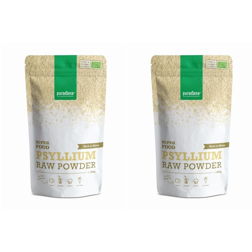Deux sachets de poudre de psyllium. Inscription : purasana, Psyllium Raw Powder. Emballage vert et blanc avec label bio.