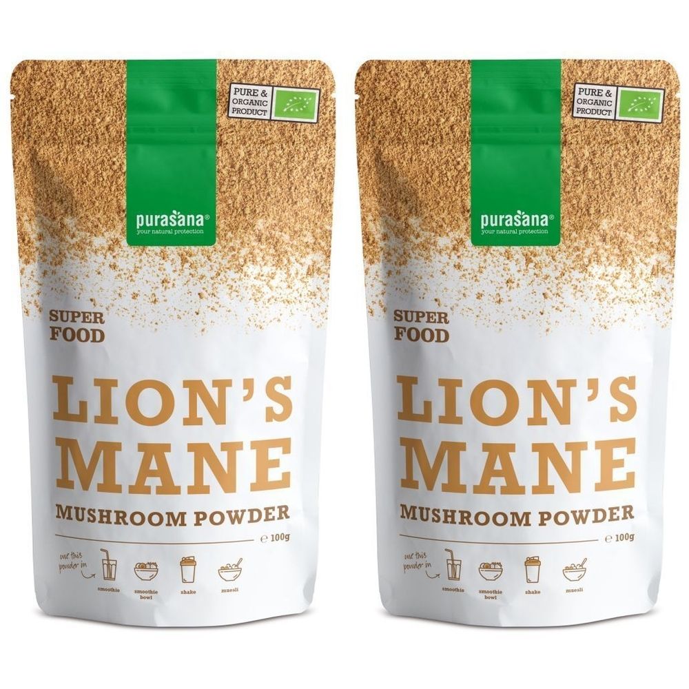 Deux sachets de Purasana Lion's Mane Poudre. Label bio en haut. Inscription: Lion's Mane Mushroom Powder. Emballage avec 100g.