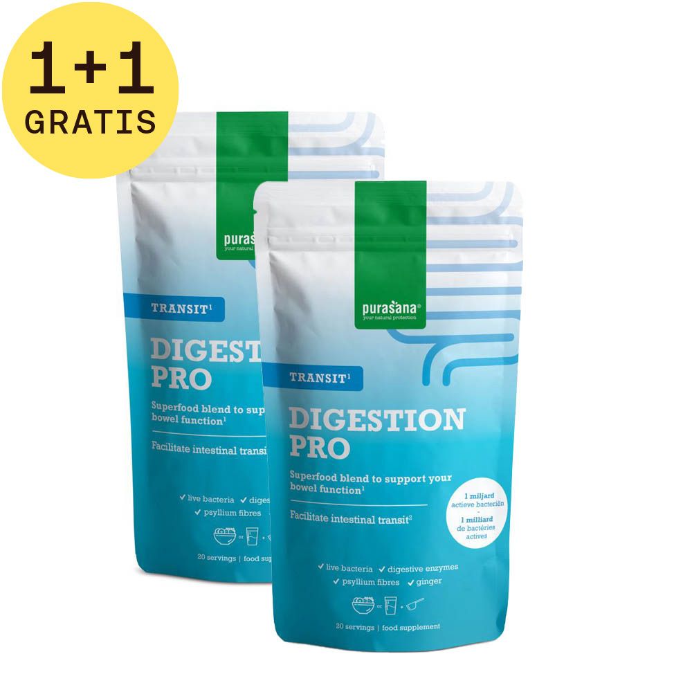 Zwei Beutel Purasana Digestion Pro Transit Pulver. Grün-weißes Design mit Produktnamen und Inhaltsangaben. 1+1 Gratis-Angebot.