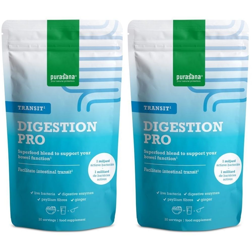 Zwei Beutel Purasana Digestion Pro Transit Pulver. Grün-weißes Design mit Produktnamen und Inhaltsangaben. 30 Portionen.