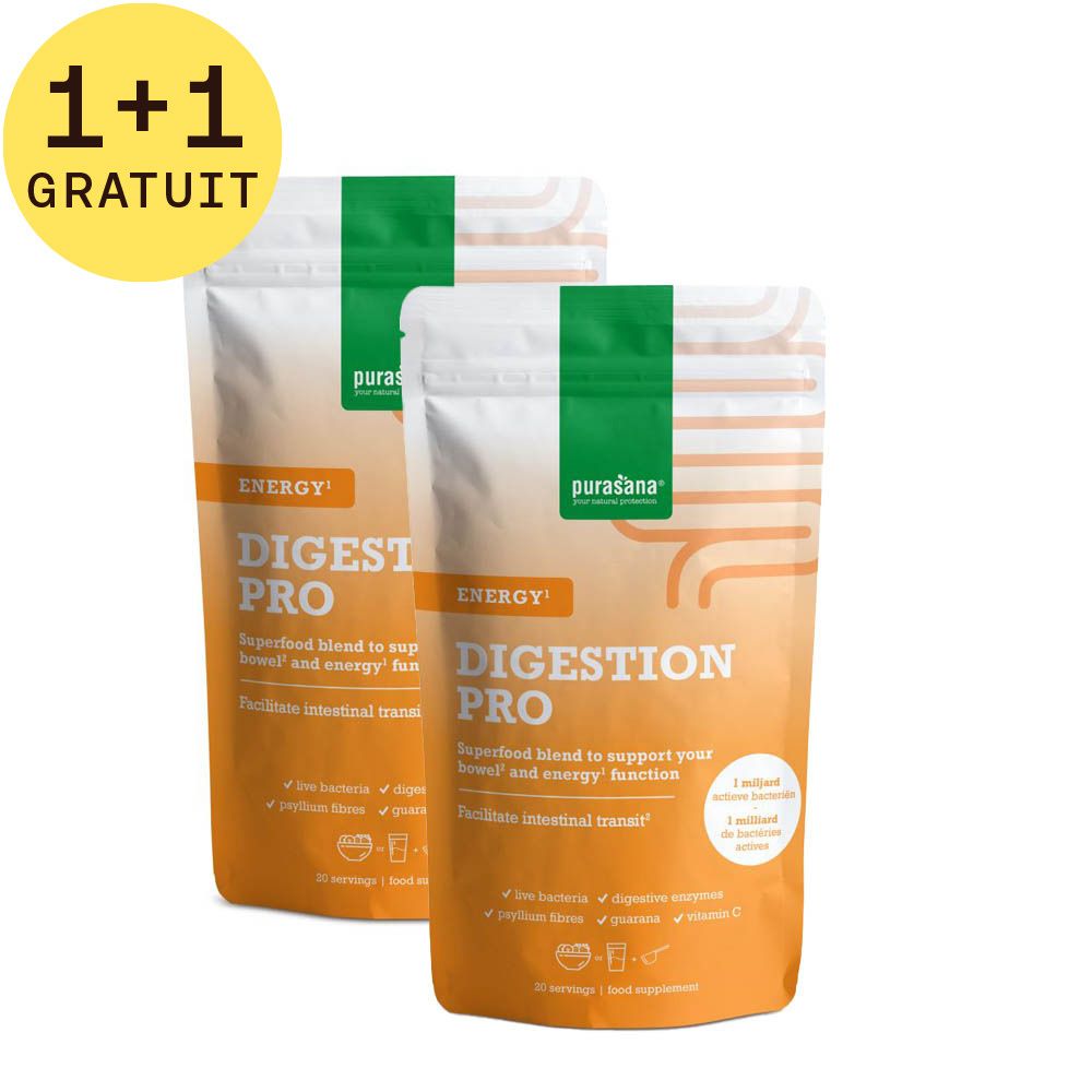 Deux sachets Purasana Digestion Pro. Design orange et blanc avec partie supérieure verte. Texte: Digestion Pro, Energy, mélange de superaliments, 1 milliard de bactéries. 1+1 Gratuit.