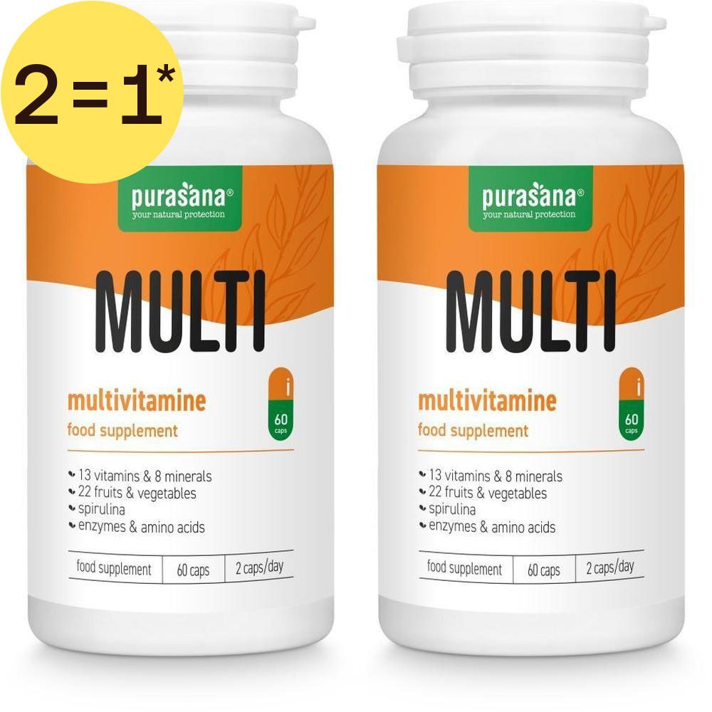 Zwei Flaschen Purasana Multi Multivitamin, 60 Kapseln pro Flasche.