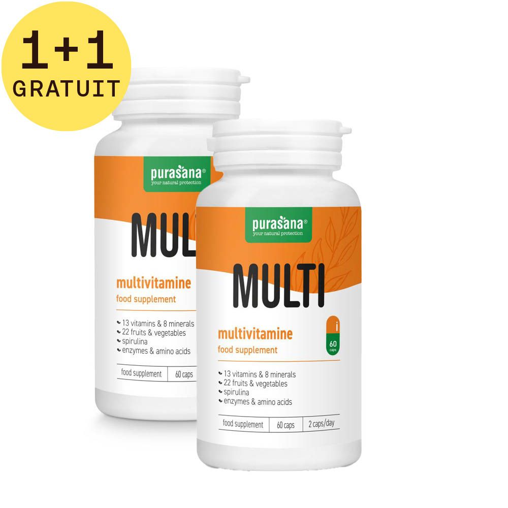 Deux flacons blancs avec étiquettes oranges. Inscription: MULTI Multivitamine. 1+1 GRATUIT. Contient 13 vitamines & 8 minéraux. 60 gélules.