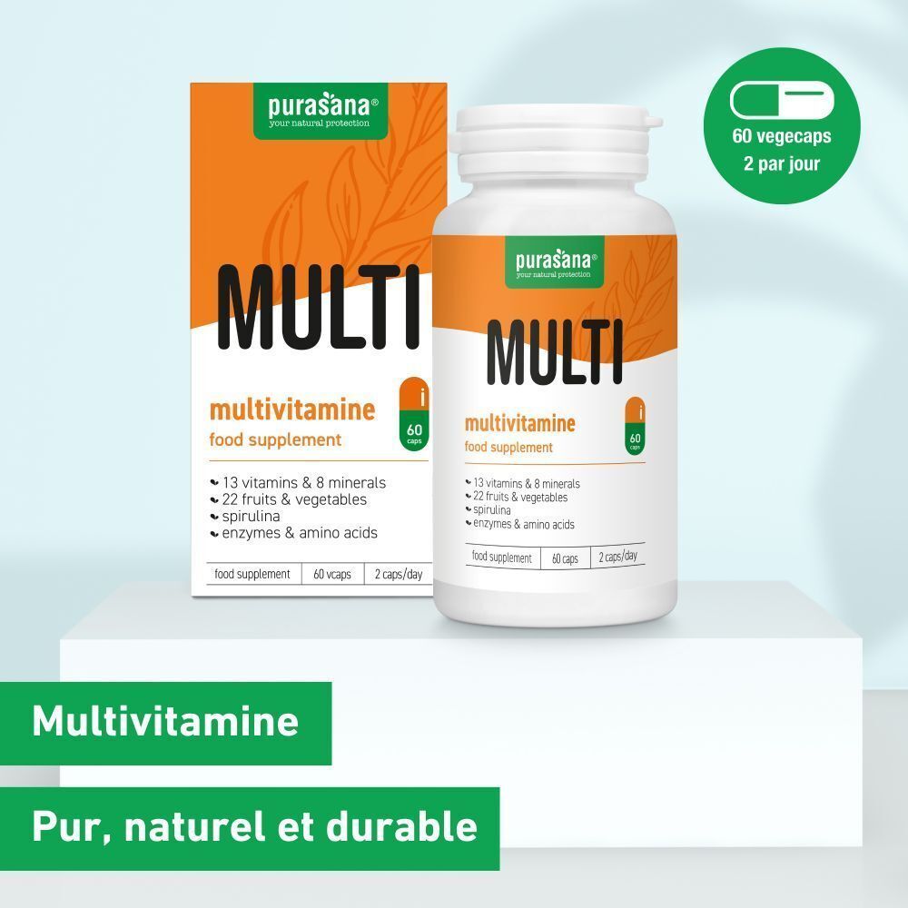 Un flacon blanc et une boîte avec étiquettes oranges. Inscription: MULTI Multivitamine. 60 gélules. Logo Purasana.