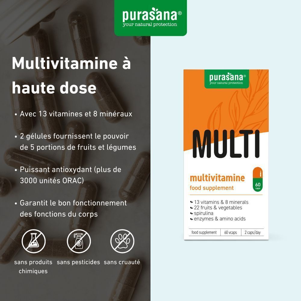 Un flacon blanc et une boîte avec étiquettes oranges. Inscription: MULTI Multivitamine. 60 gélules. Logo Purasana. Texte: Multivitamine.