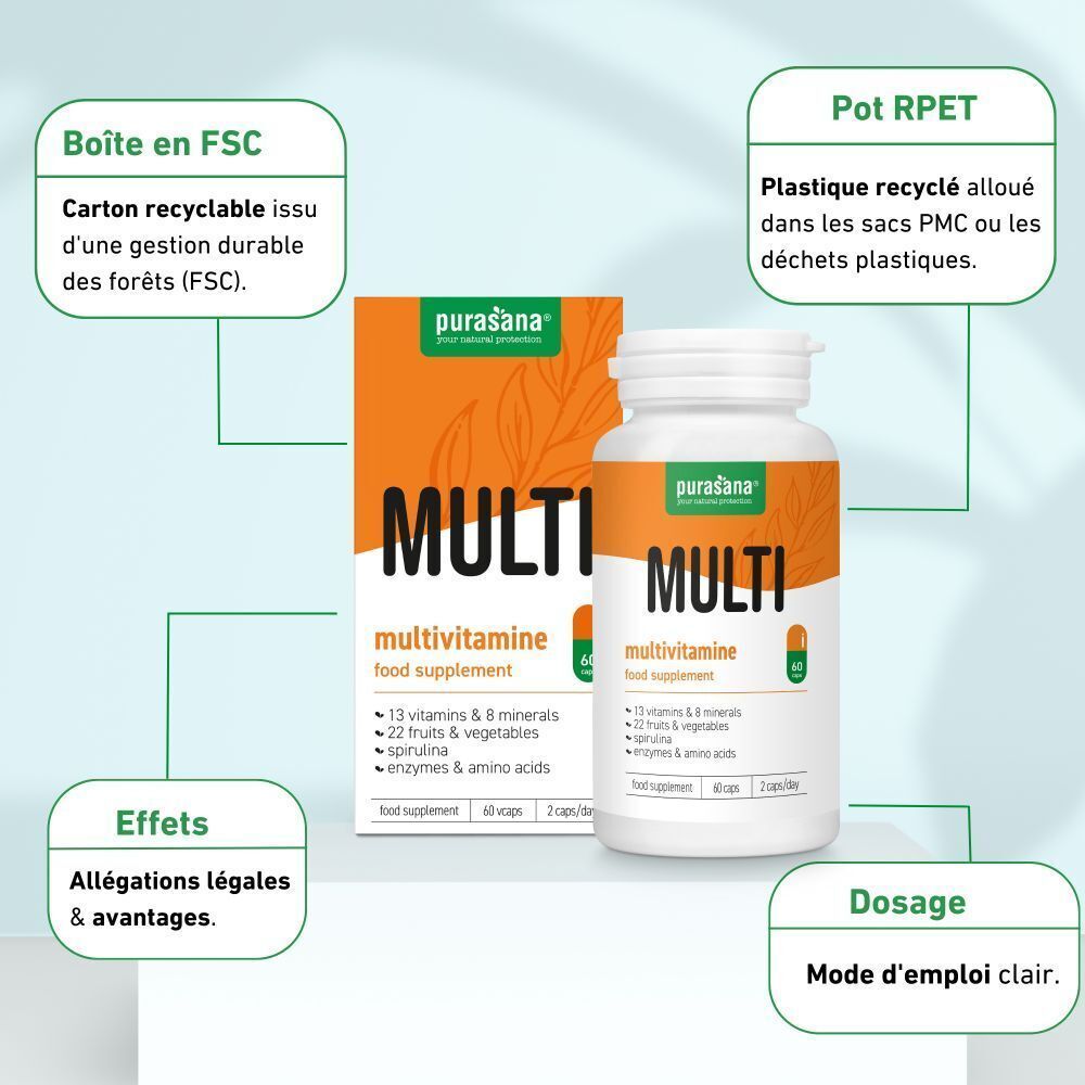 Un flacon blanc et une boîte avec étiquettes oranges. Inscription: MULTI Multivitamine. 60 gélules. Logo Purasana. Texte: Boîte en FSC.