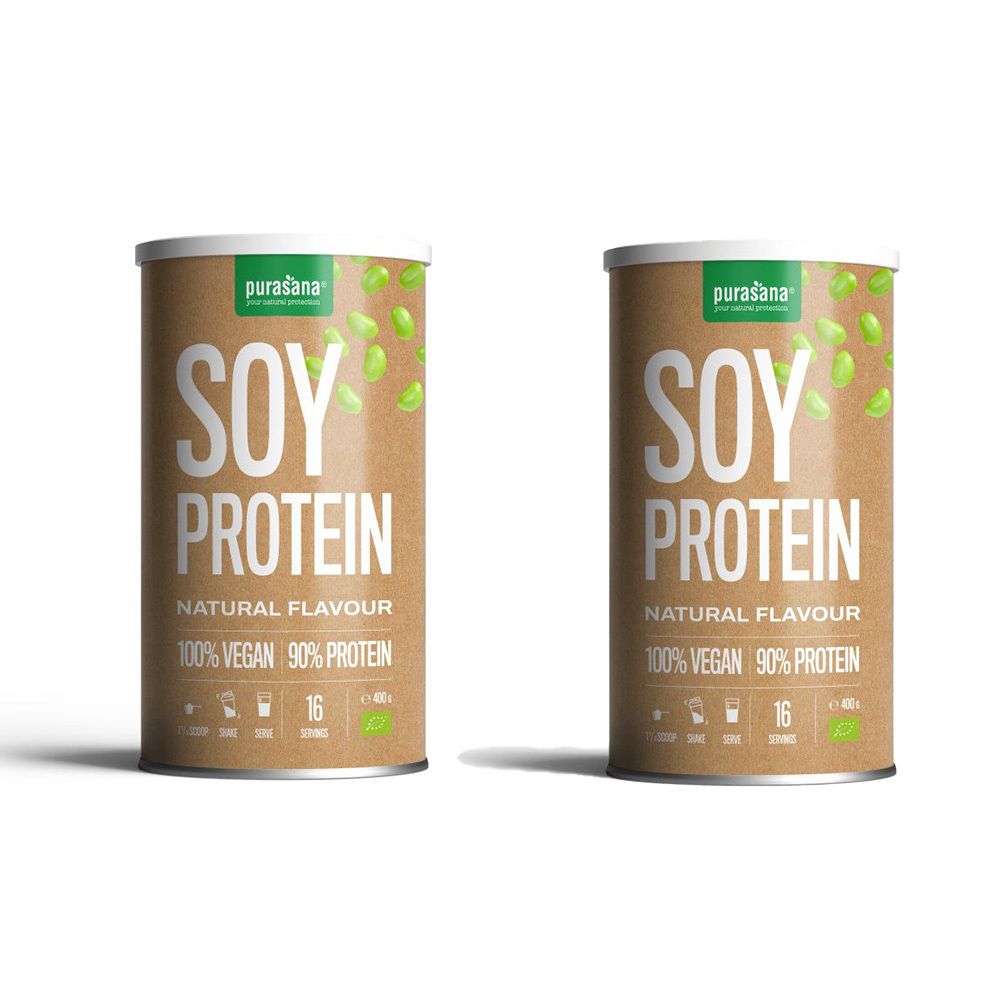 Deux boîtes de protéines de soja. Inscription : SOY PROTEIN, NATURAL FLAVOUR, 100% VEGAN, 90% PROTEIN. Marque : Purasana.