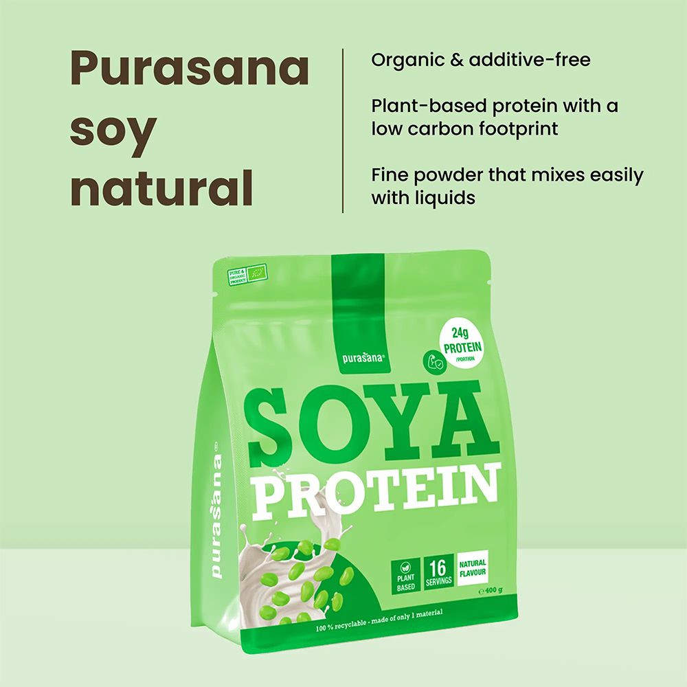 Grüne Verpackung Purasana Soya Protein, 500g. Bio, pflanzlich, 24g Protein pro Portion.