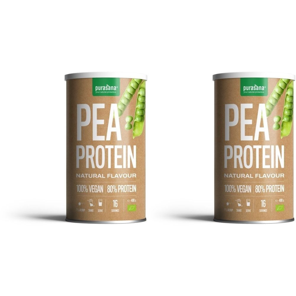 Deux boîtes de Purasana Pea Protein. Inscription : Pea Protein, Natural Flavour, 100% Vegan, 80% Protein. Avec illustration de pois.