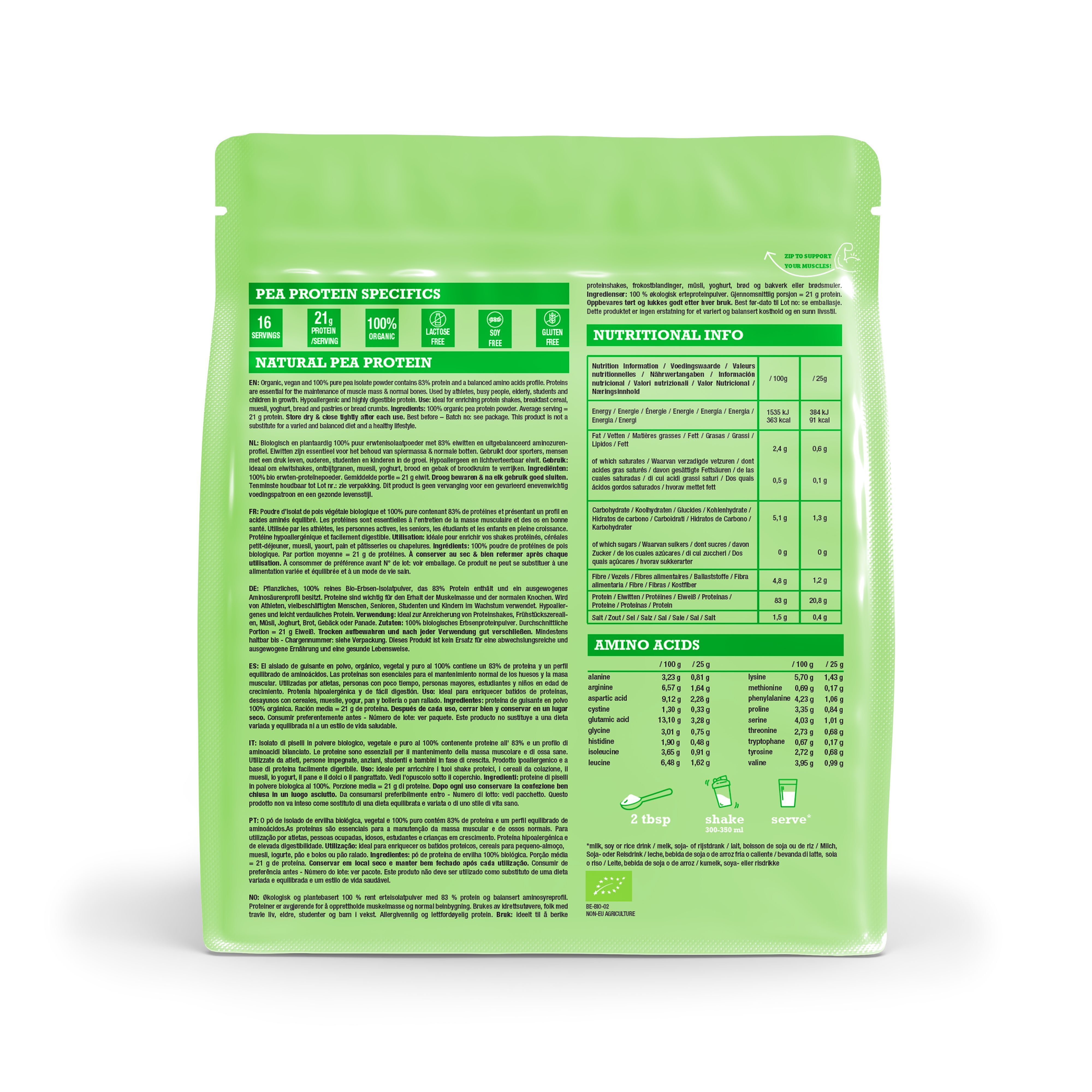 Dos d'un sachet de Purasana Erbsenprotein avec informations nutritionnelles et liste d'ingrédients.