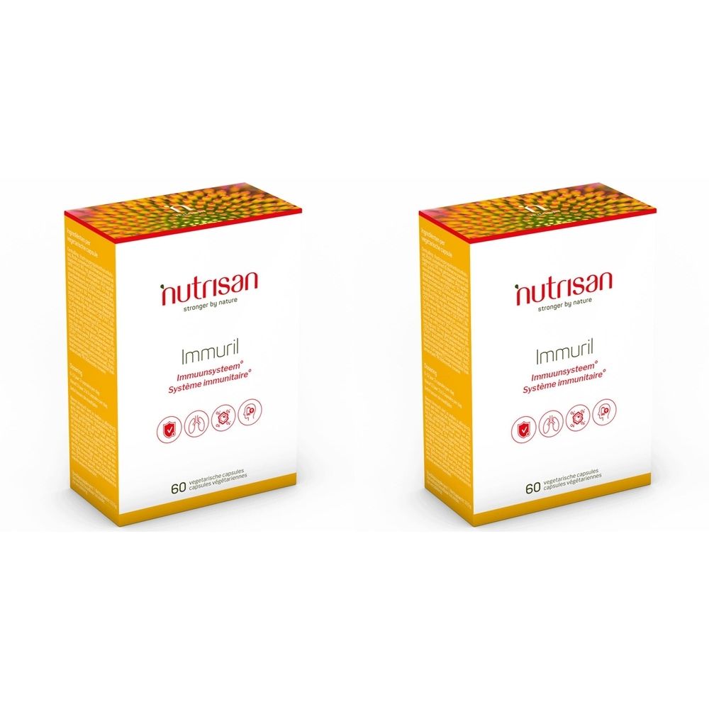Deux boîtes rectangulaires Immuril. Marque Nutrisan. 60 capsules. Fond jaune-orangé.