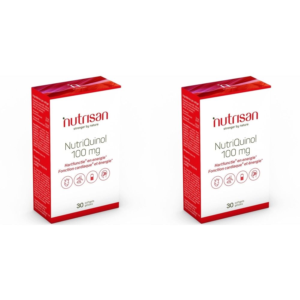 Zwei rote Kartons mit weißer Schrift. Aufschrift: Nutrisan, Nutriquinol 100 mg, 30 Kapseln. Symbole für Herzfunktion und Energie.