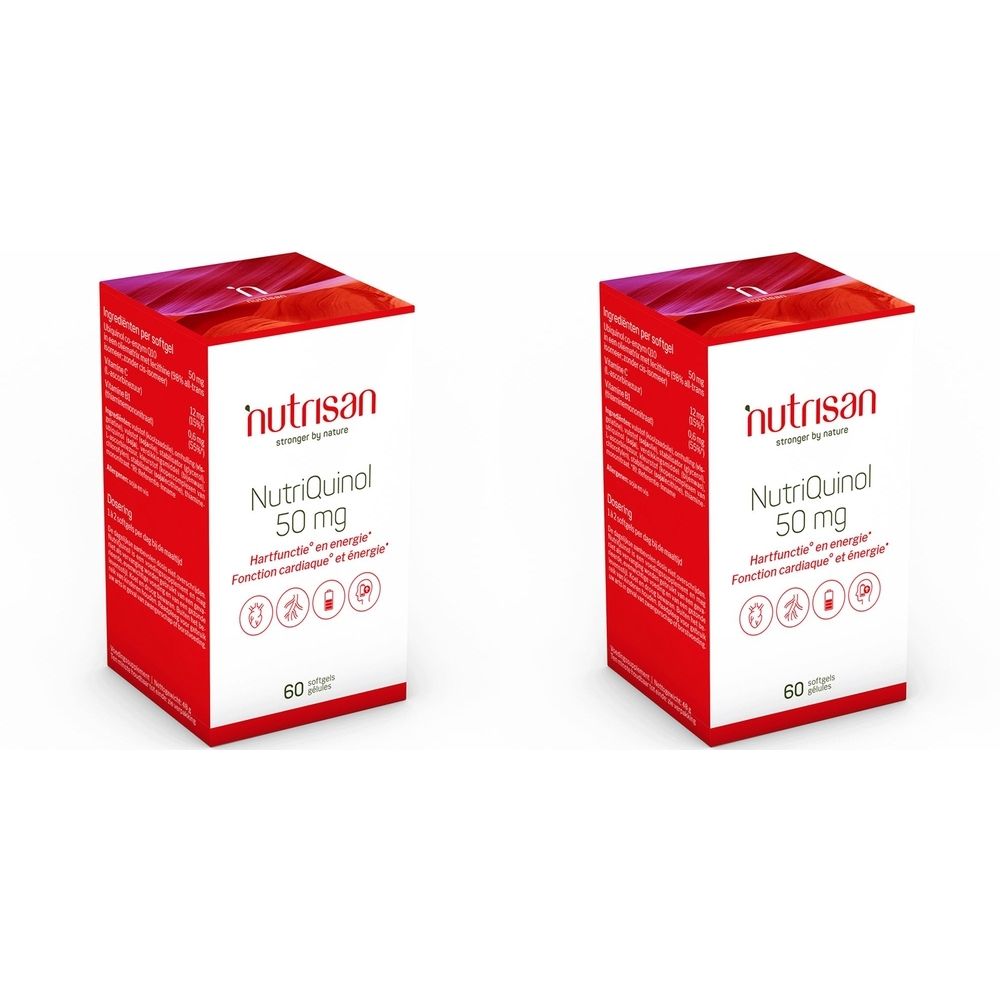 Zwei rote Kartons mit weißer Schrift. Aufschrift: Nutrisan, NutriQuinol 50 mg, 60 Softgels. Symbole für Herzfunktion und Energie.
