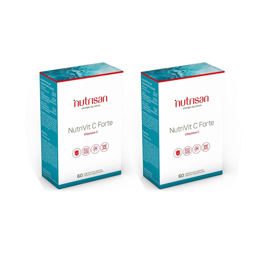 Deux boîtes de Nutrisan Nutrivit C Forte. Emballage blanc avec texte rouge et bleu. Contient 60 gélules.