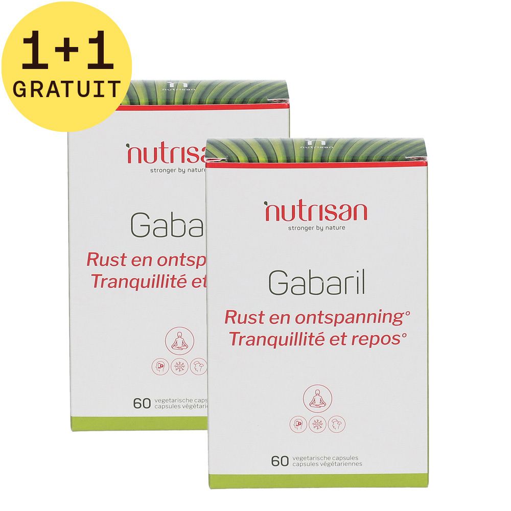 Deux boîtes blanches, couvercle vert, texte rouge. Inscription: Nutrisan Gabaril, 60 capsules. Avec 1+1 GRATUIT.