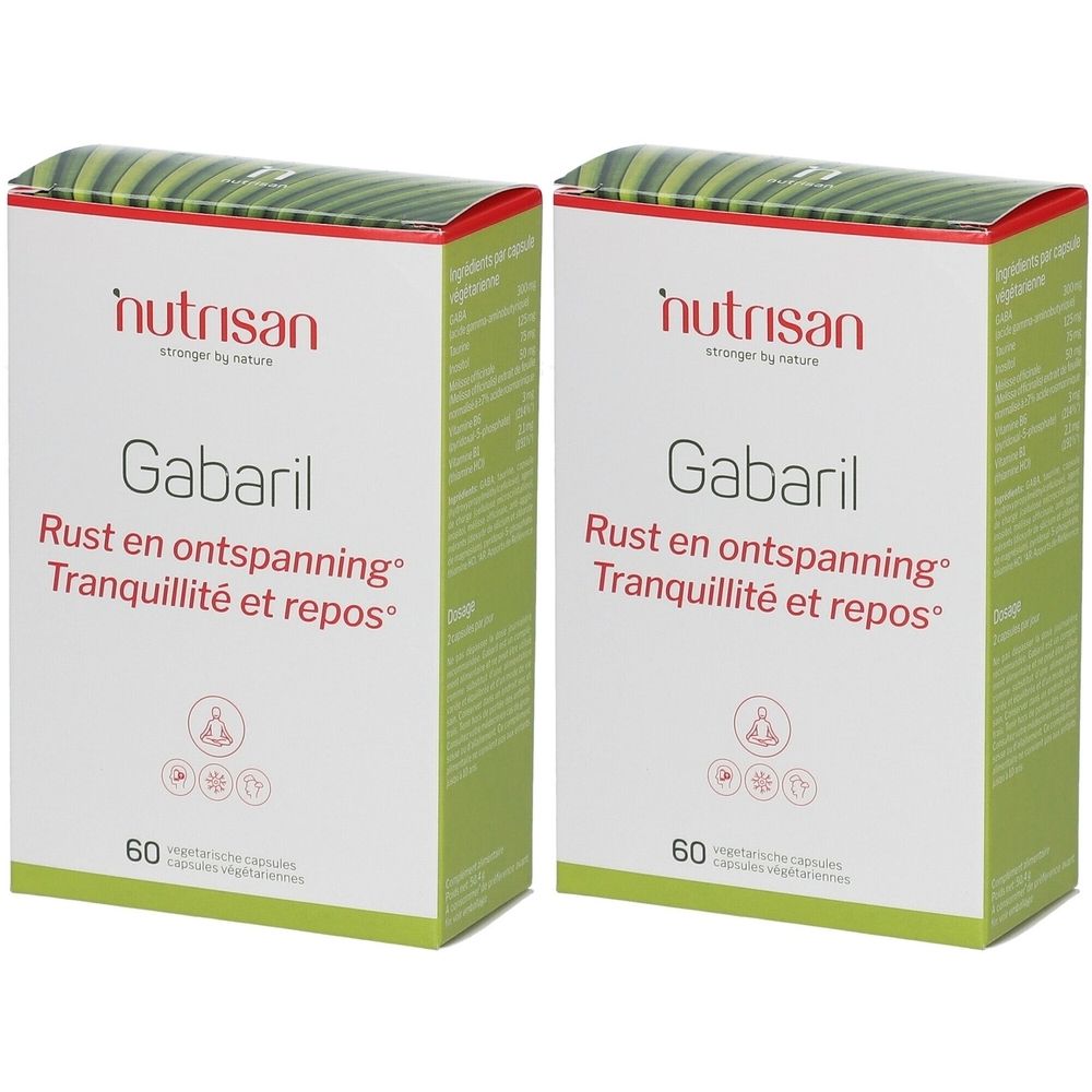 Zwei Schachteln mit weißem Hintergrund, grünem Deckel und roter Schrift. Aufschrift: Nutrisan Gabaril, 60 Kapseln.