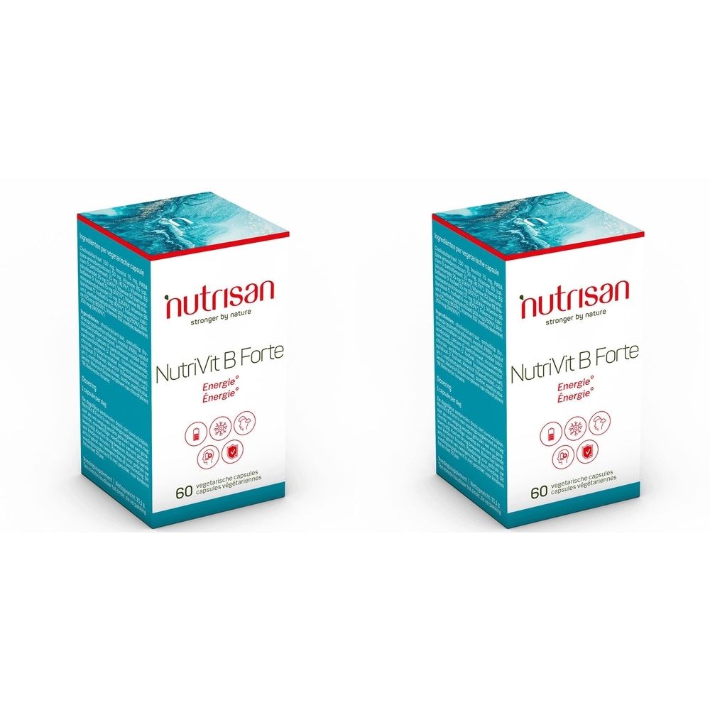 Zwei Schachteln Nutrisan Nutrivit B Forte. Aufschrift: Energie. 60 Kapseln. Marke und Produktname deutlich sichtbar.