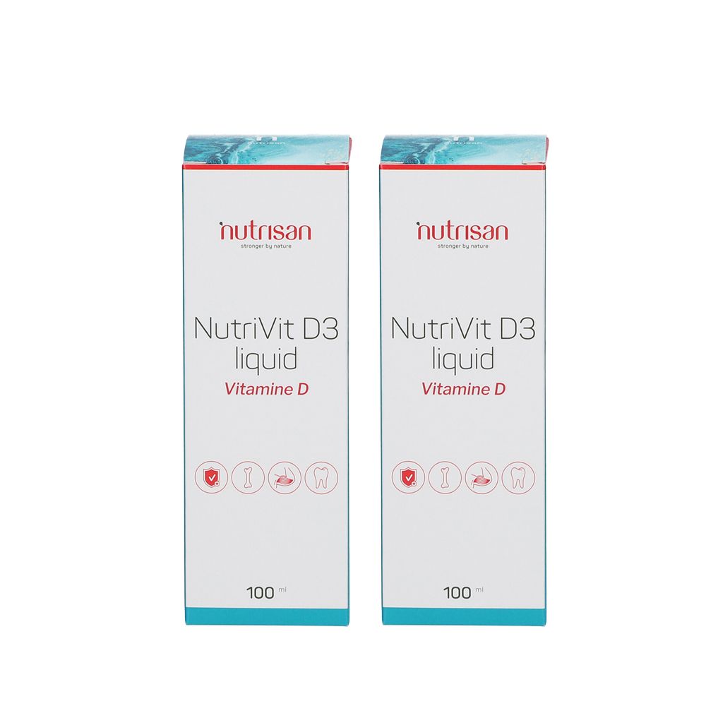 Deux boîtes de NutriVit D3 Liquid. Boîtes blanches avec bande bleue et texte rouge. Marque : Nutrisan. Contient de la vitamine D.