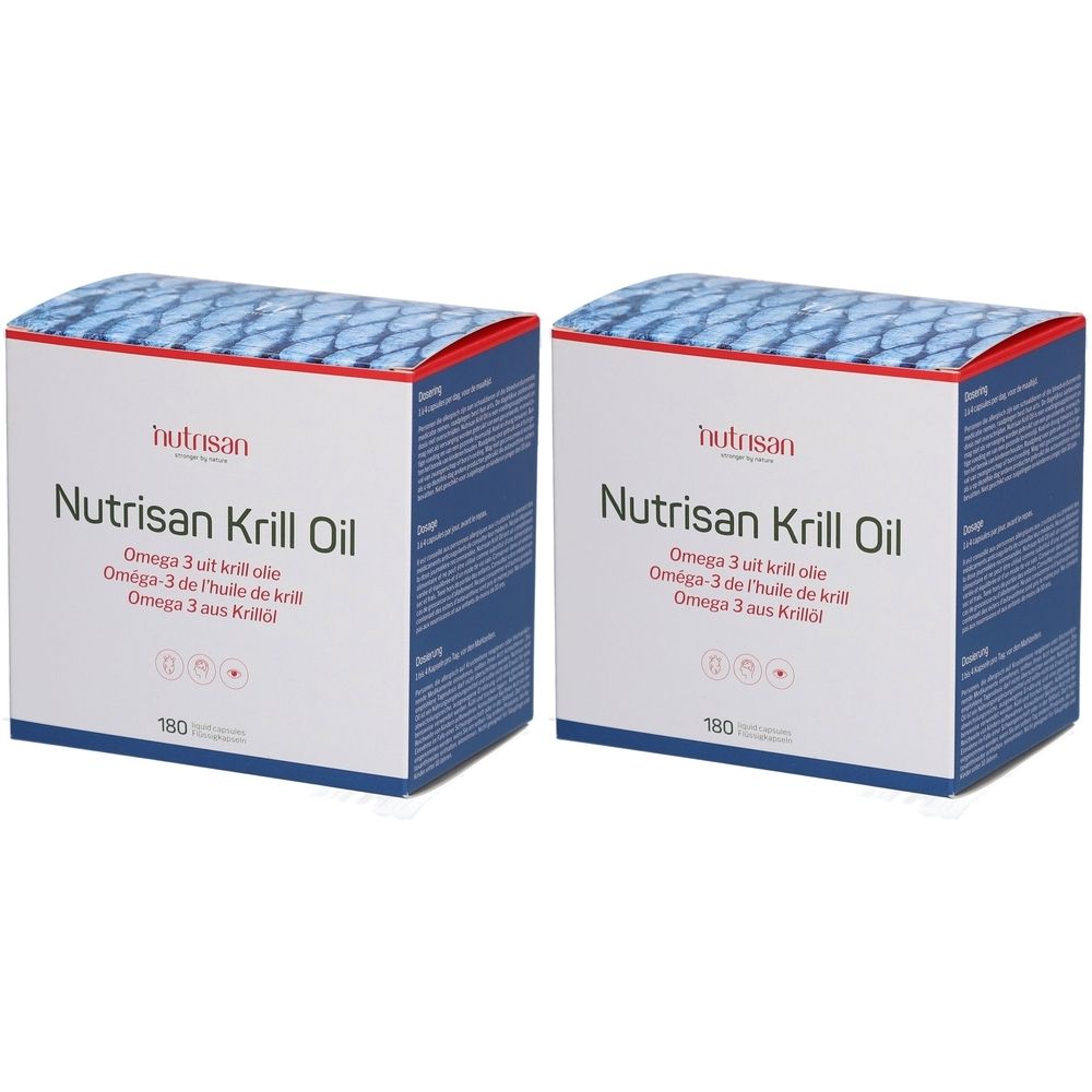 Zwei weiße Kartons mit blauer Schrift und Fischschuppenmuster. Aufschrift: Nutrisan Krill Oil, Omega 3 aus Krill. 180 Kapseln.