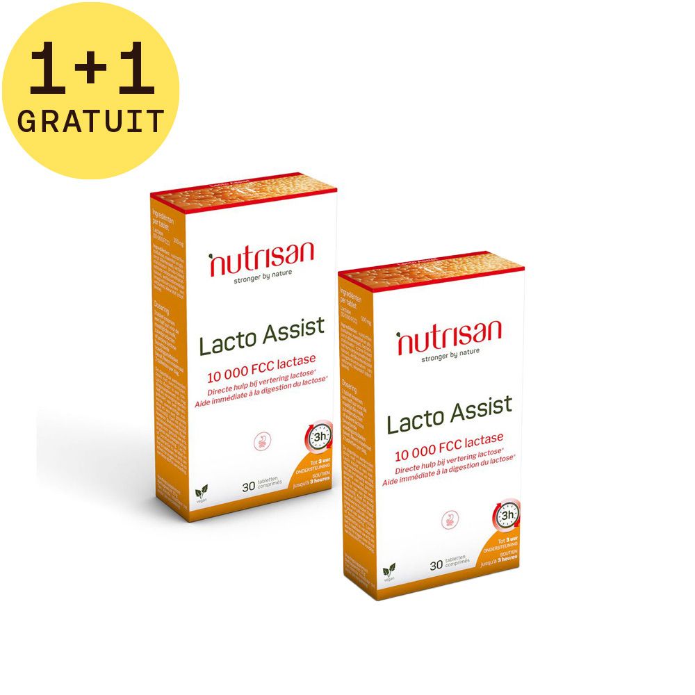 Deux boîtes Lacto Assist avec inscription 1+1 GRATUIT. 10 000 FCC lactase. Logo vegan. 30 comprimés. Aide immédiate à la digestion du lactose.