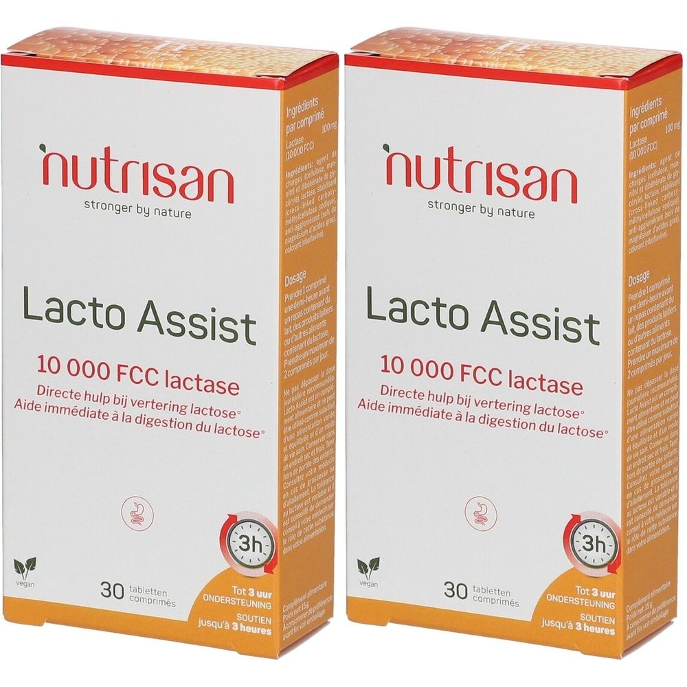 Zwei Schachteln Lacto Assist. Aufschrift: 10 000 FCC Lactase. Vegan-Logo. 30 Tabletten. Direkte Hilfe bei der Verdauung von Laktose.