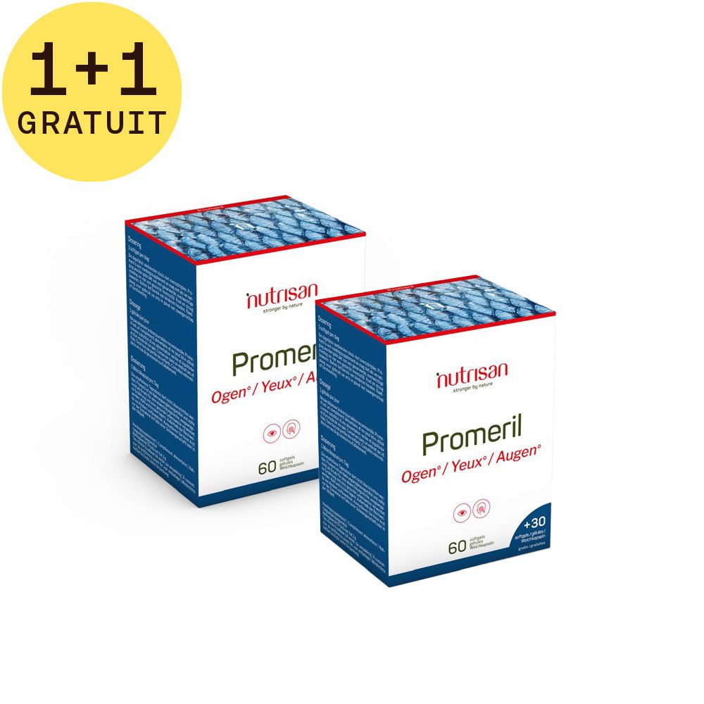 Deux boîtes Nutrisan Promeril avec l'inscription 1+1 GRATUIT. Promeril Ogen/Yeux/Augen. 60 gélules +30 gratuites. Emballage rouge et bleu.