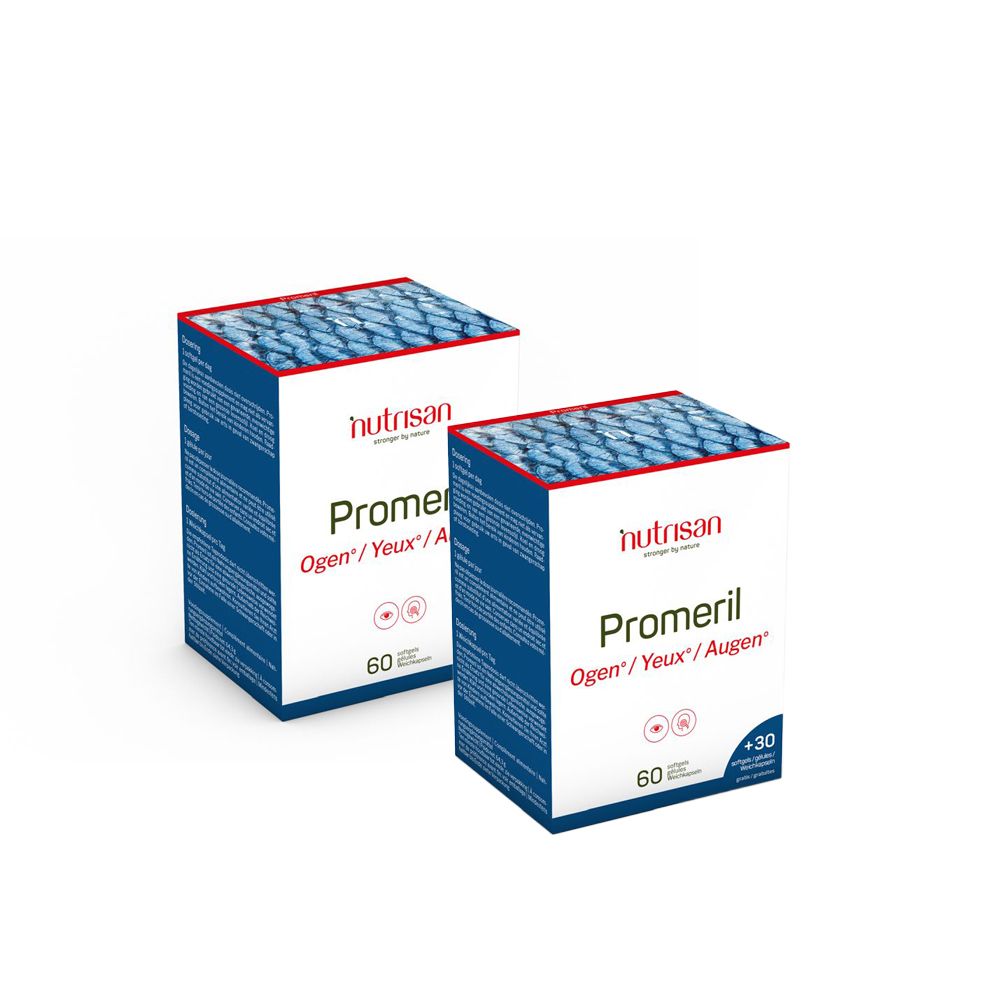 Deux boîtes Nutrisan Promeril avec l'inscription 1+1 GRATUIT. Promeril Ogen/Yeux/Augen. 60 gélules +30 gratuites. Emballage rouge et bleu.