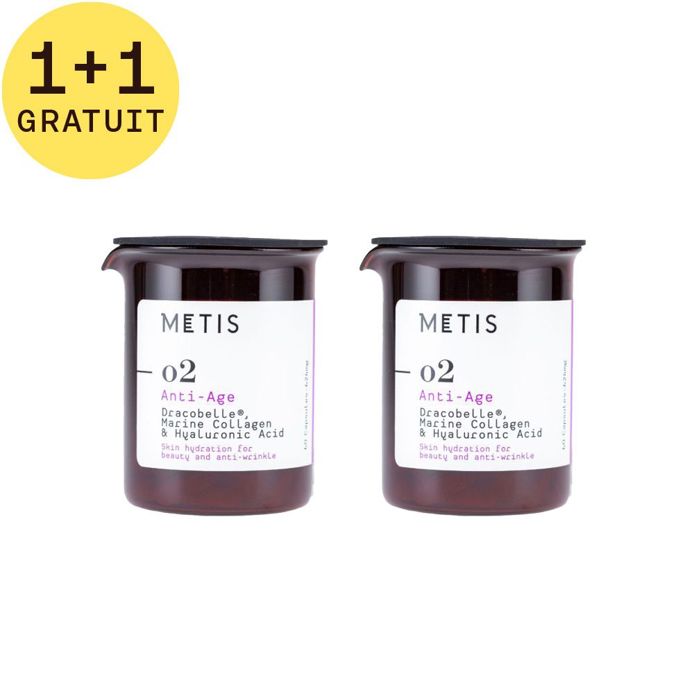 Deux pots bruns avec couvercles noirs. Étiquettes avec "METIS", "02 Anti-Age" et ingrédients. 1+1 GRATUIT.