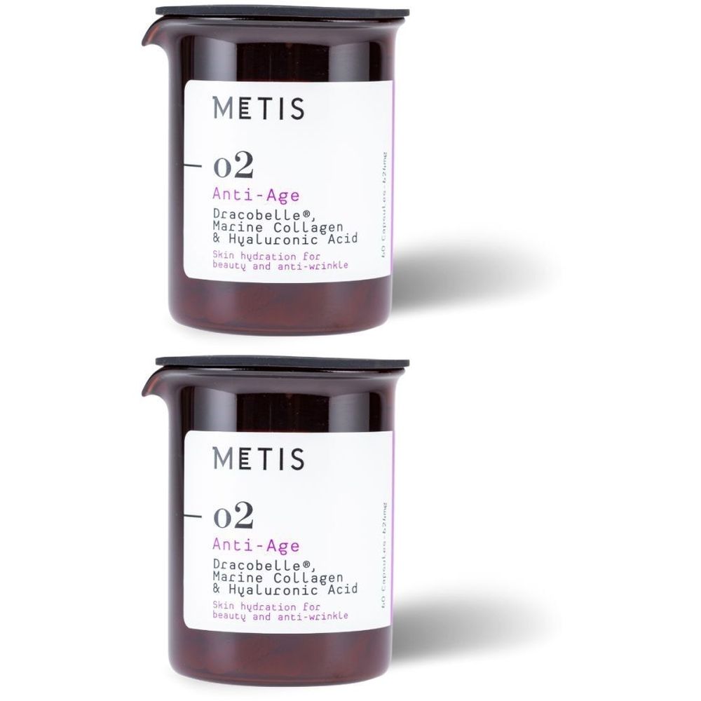 Deux pots bruns avec couvercles noirs. Étiquettes avec "METIS", "02 Anti-Age" et ingrédients. Skin hydration.