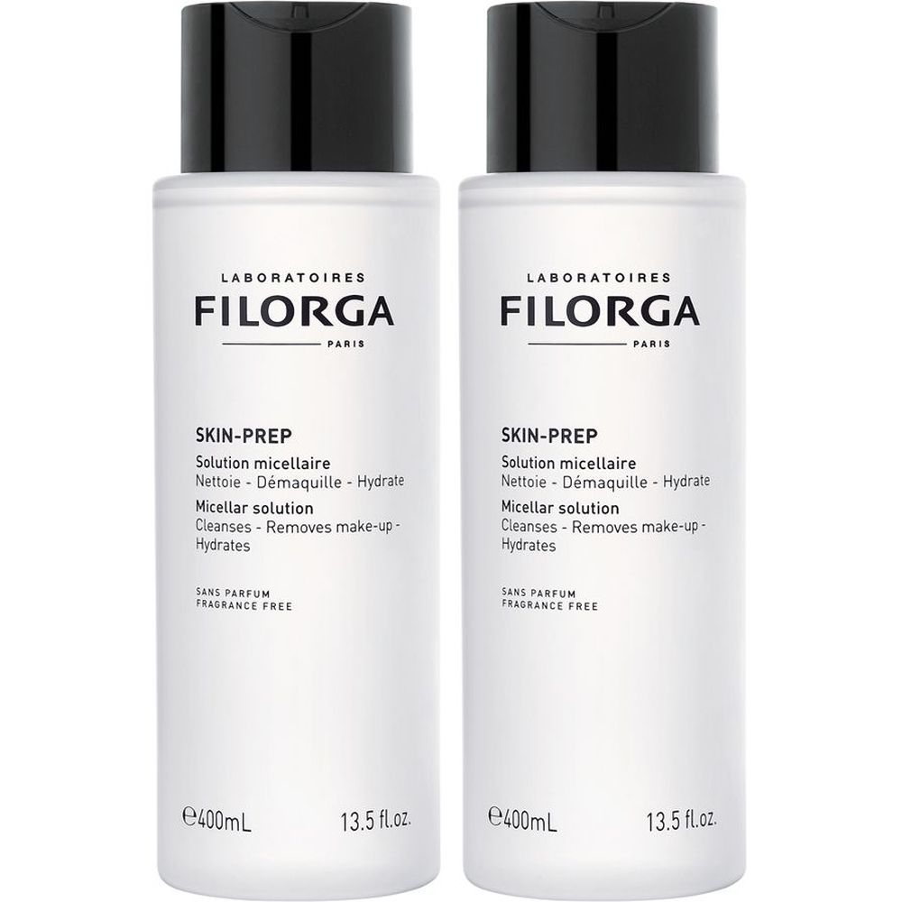 Zwei weiße Flaschen mit schwarzem Deckel. Aufschrift: Filorga Skin-Prep Solution micellaire. Ohne Parfum.