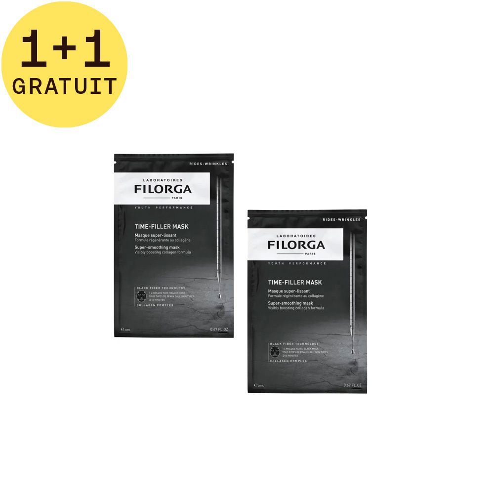 Deux paquets FILORGA TIME-FILLER MASK® avec l'inscription 1+1 GRATUIT. Emballage noir, texte blanc.