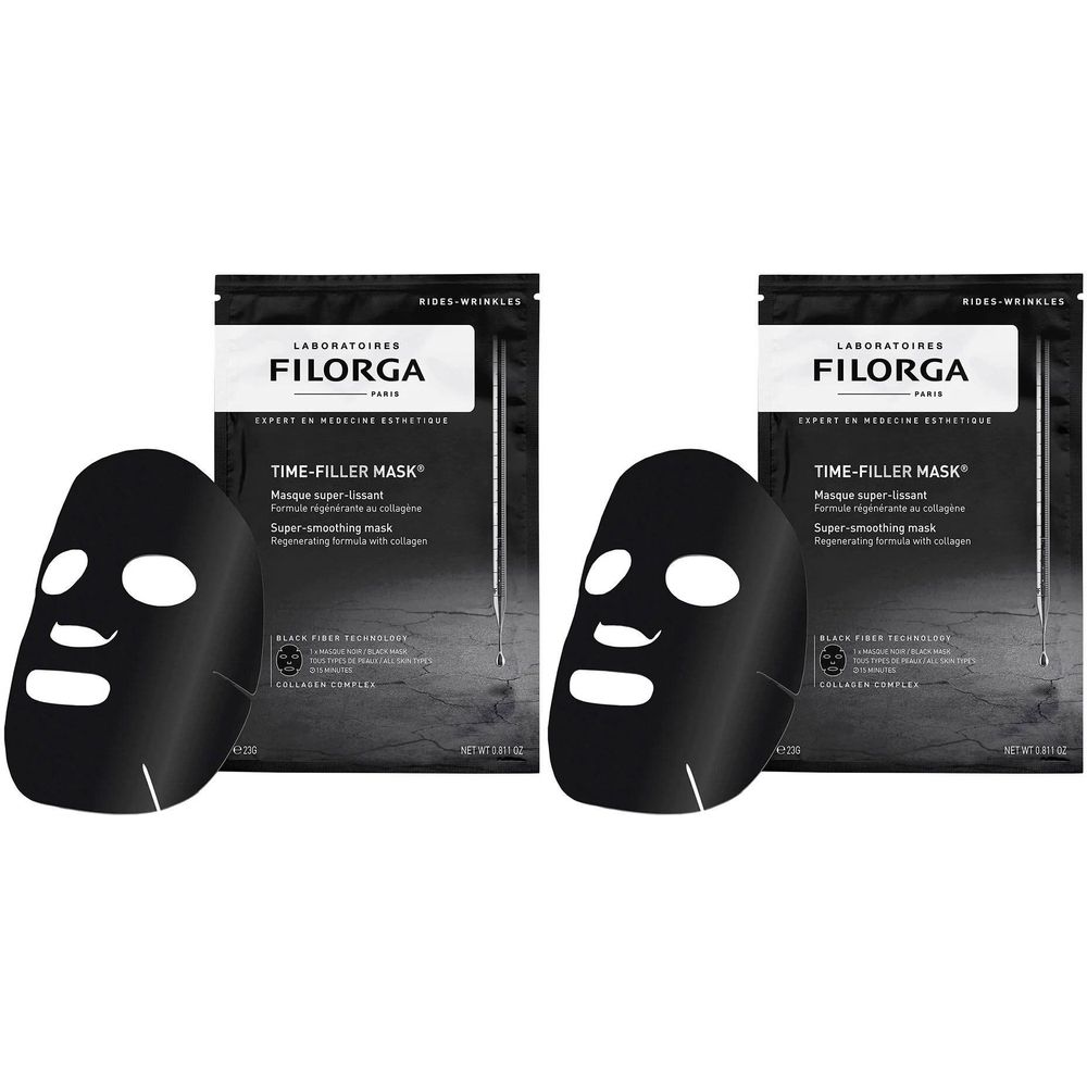 Zwei schwarze Gesichtsmasken neben Verpackungen. Auf den Verpackungen steht FILORGA TIME-FILLER MASK®.